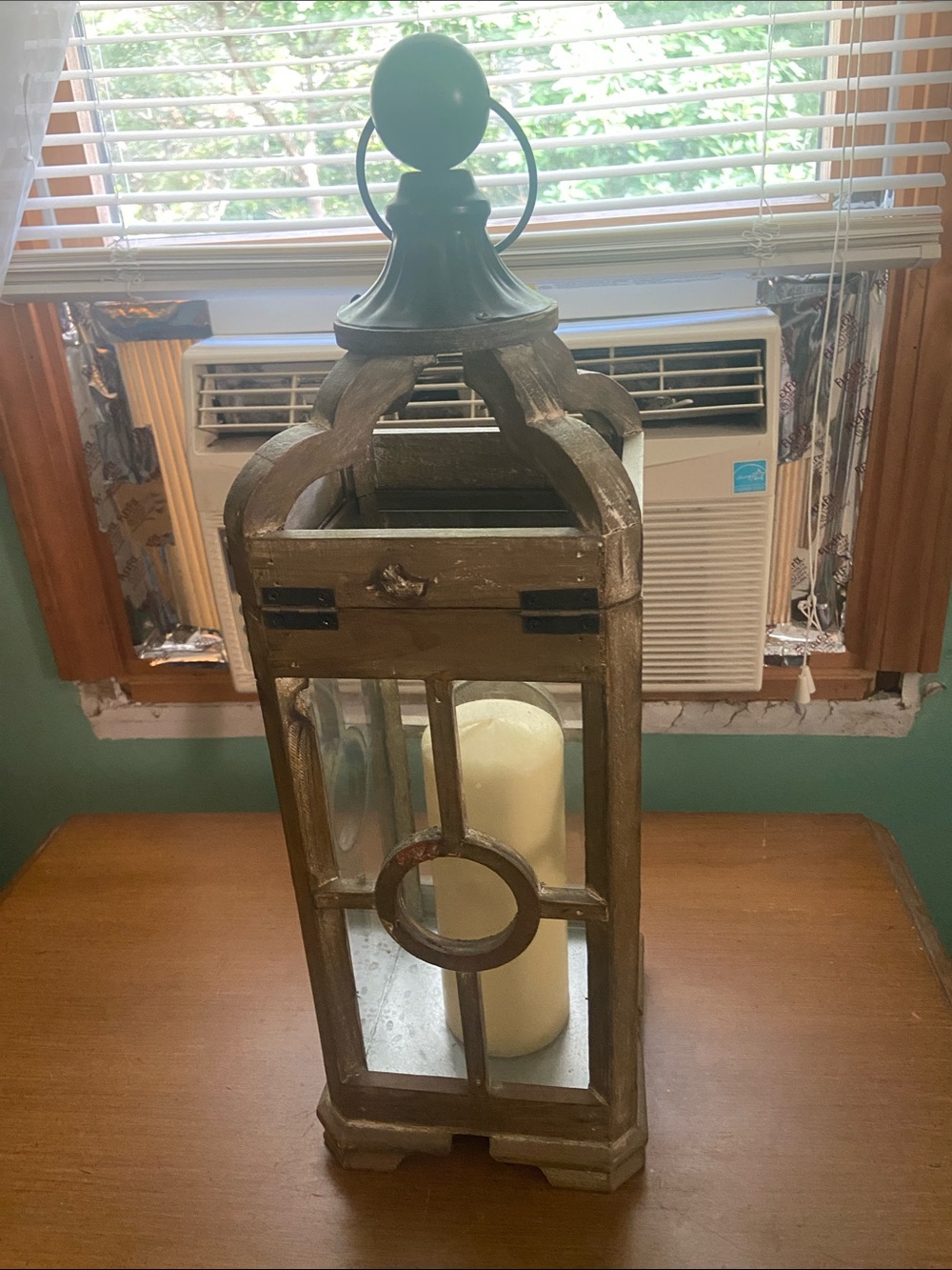Rustic Wooden Lantern with Glass Panels in Distressed Brown